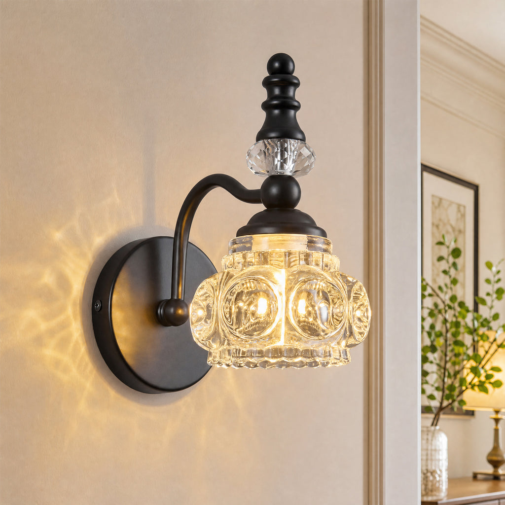 Vintage Embossed Textured Glass Curved Metal Arm Bathroom Vanity Light