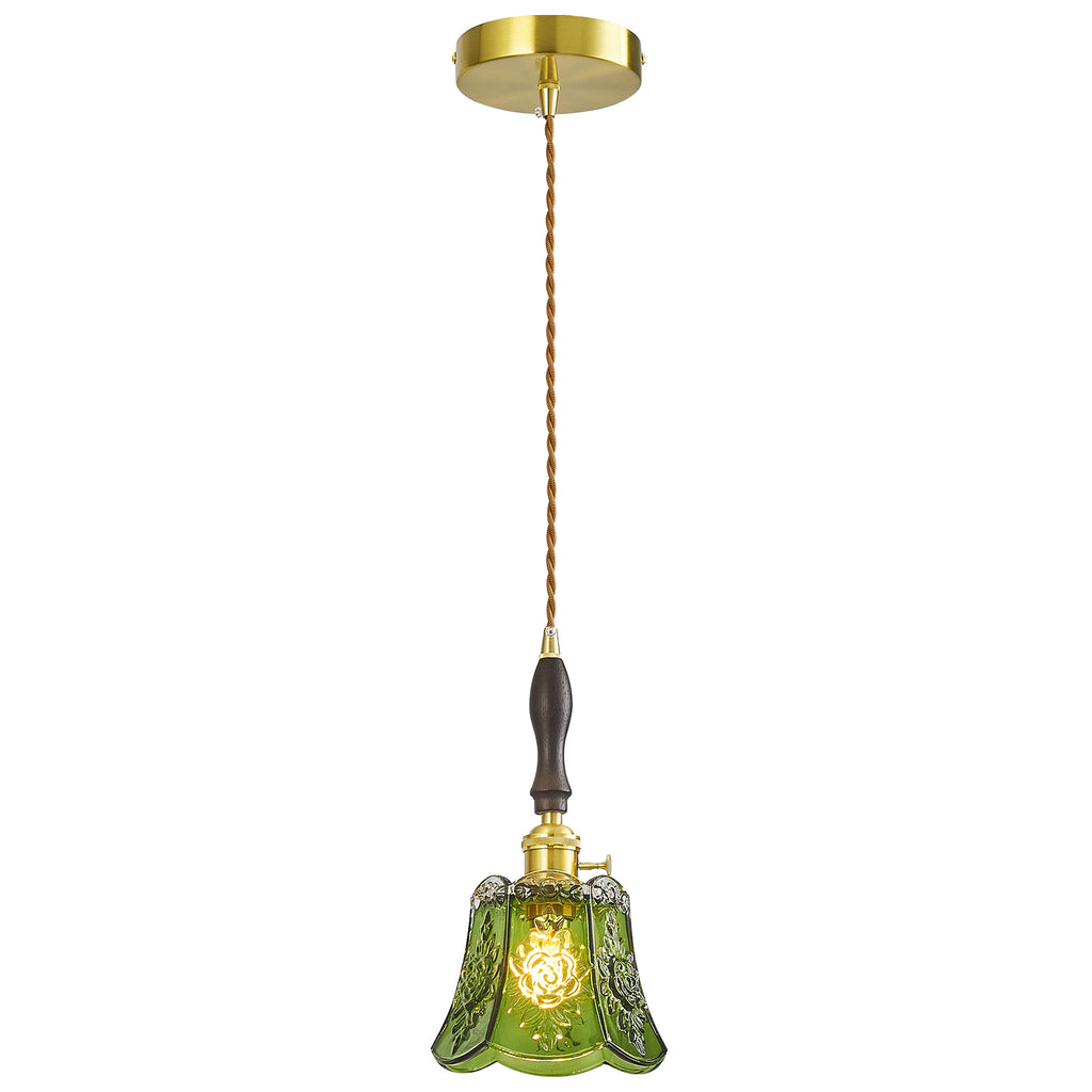 French Country Embossed Rose Floral Glass Pendant Light