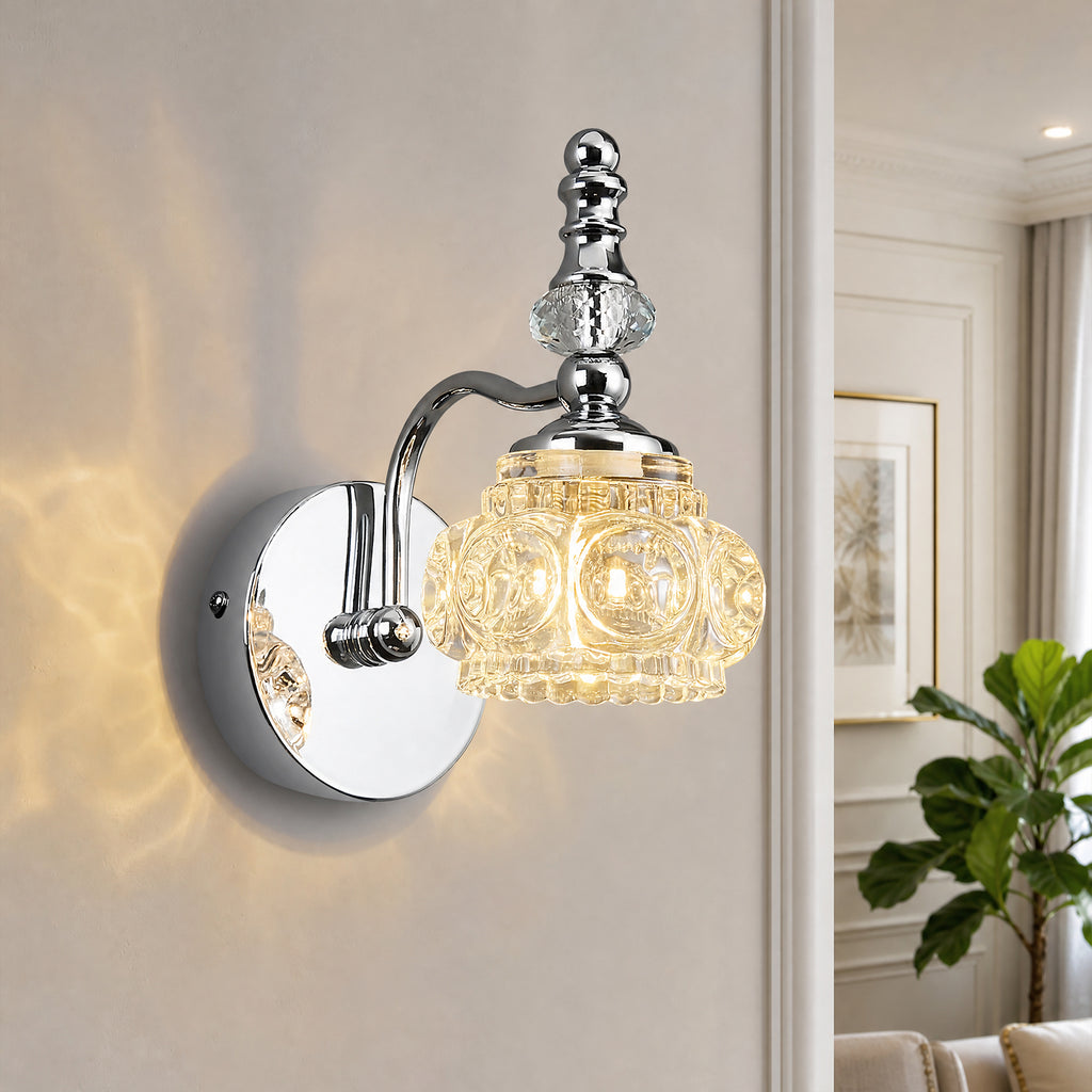 Vintage Embossed Textured Glass Curved Metal Arm Bathroom Vanity Light