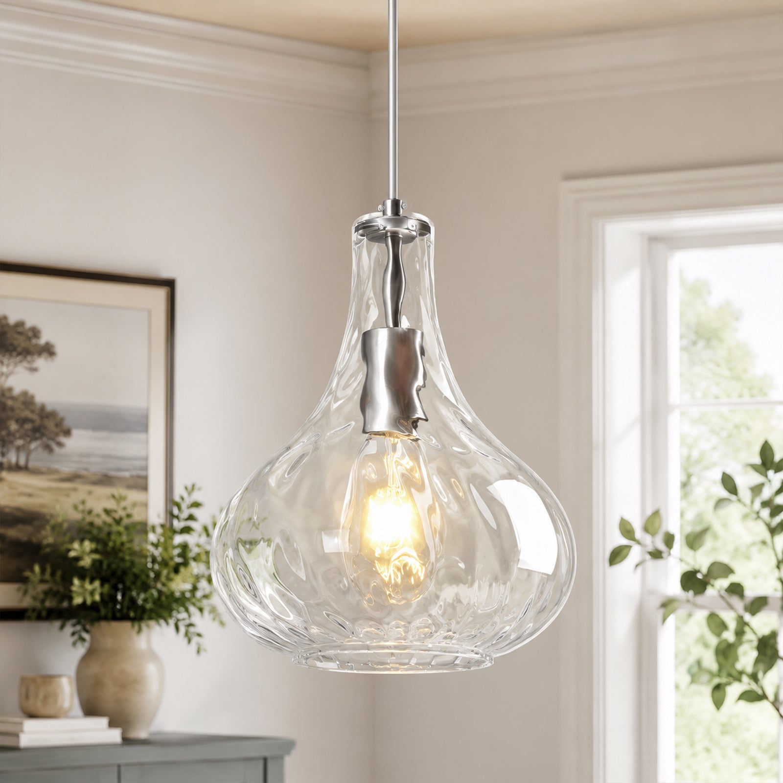 Modern Farmhouse Clear Teardrop Hammered Glass Pendant Light
