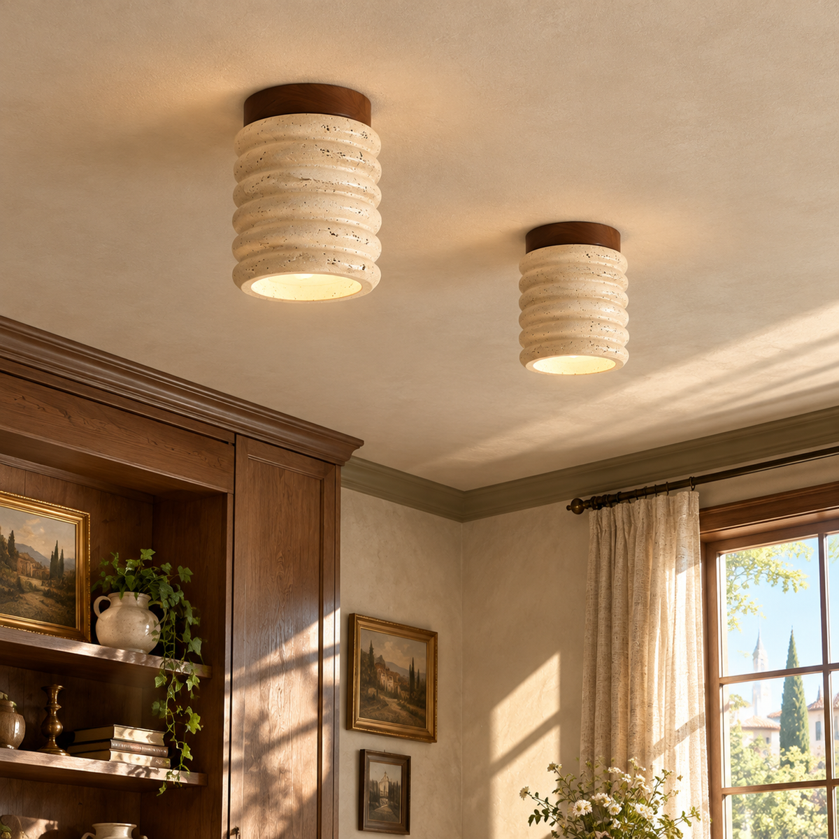 Modern Ribbed Cylinder Travertine Wood Flush Mount Ceiling Light