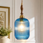 Retro Vertical Fluted Glass Hanging Pendant Light with Wood and Brass Details