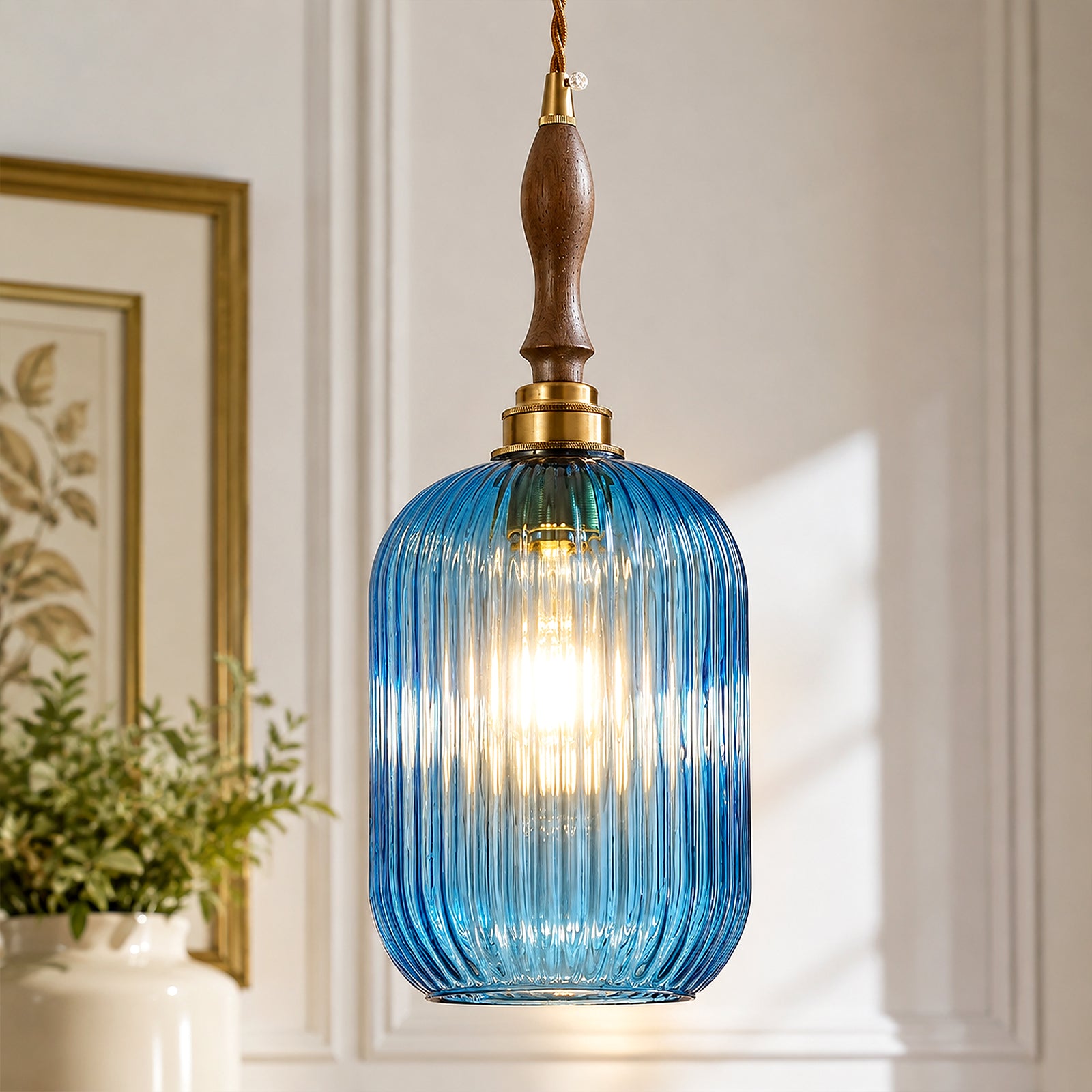Retro Vertical Fluted Glass Hanging Pendant Light with Wood and Brass Details