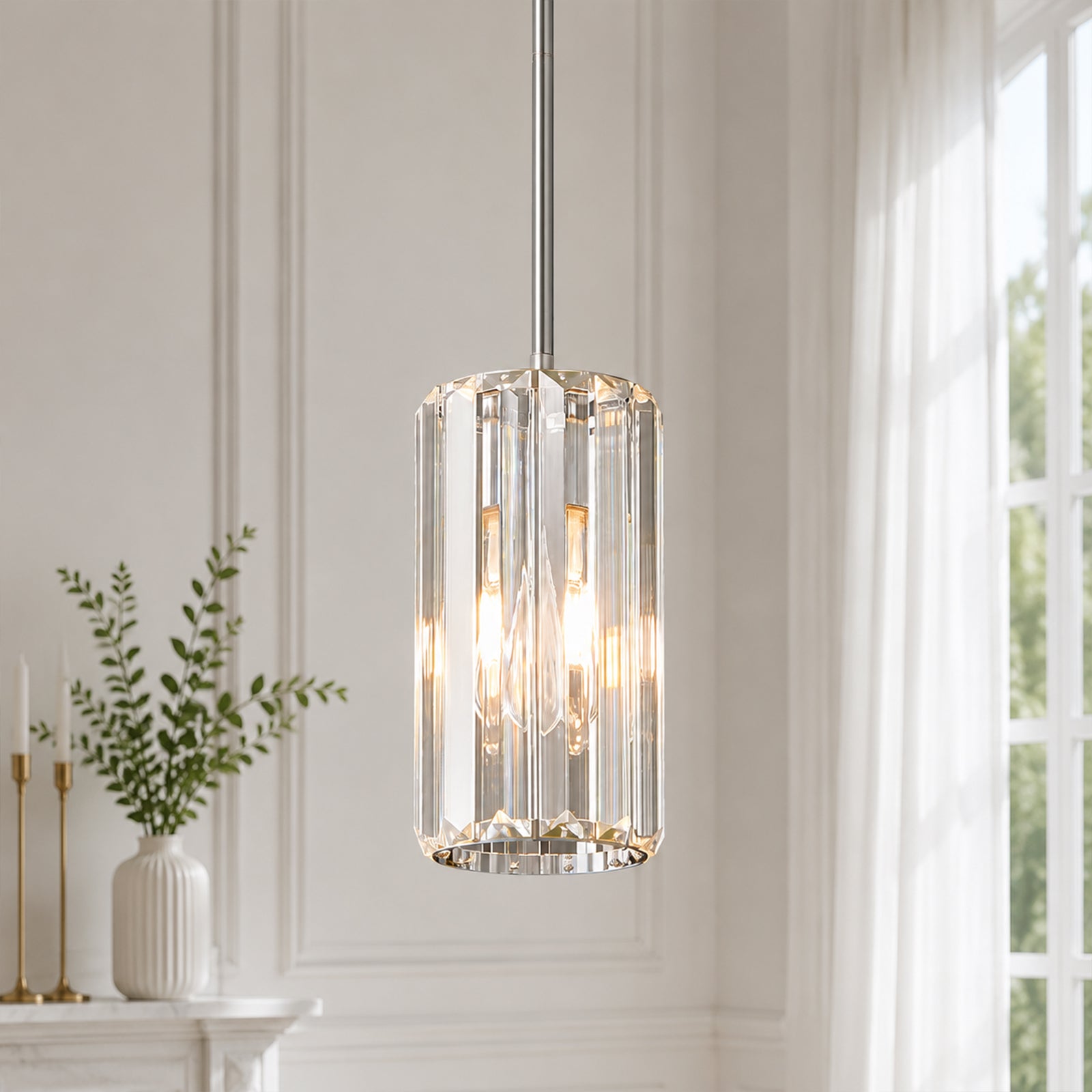 Minimalist Vertical Faceted Crystal Cylinder Pendant Light