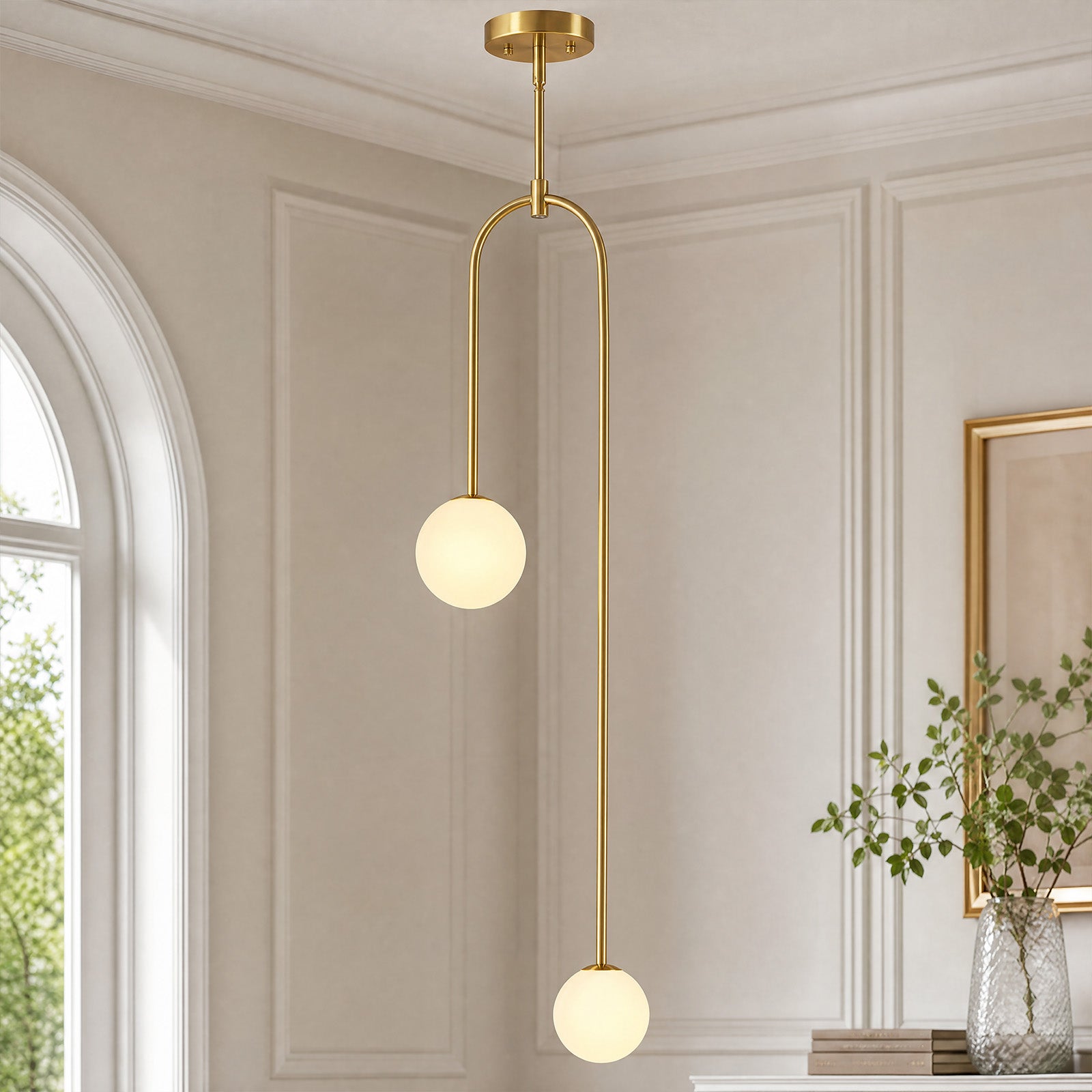 Minimalist U-Shaped Two Milky White Globe Glass Chandelier