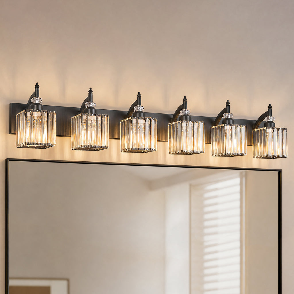 Transitional Luxury Square Prism Fluted Crystal Bathroom Vanity Light