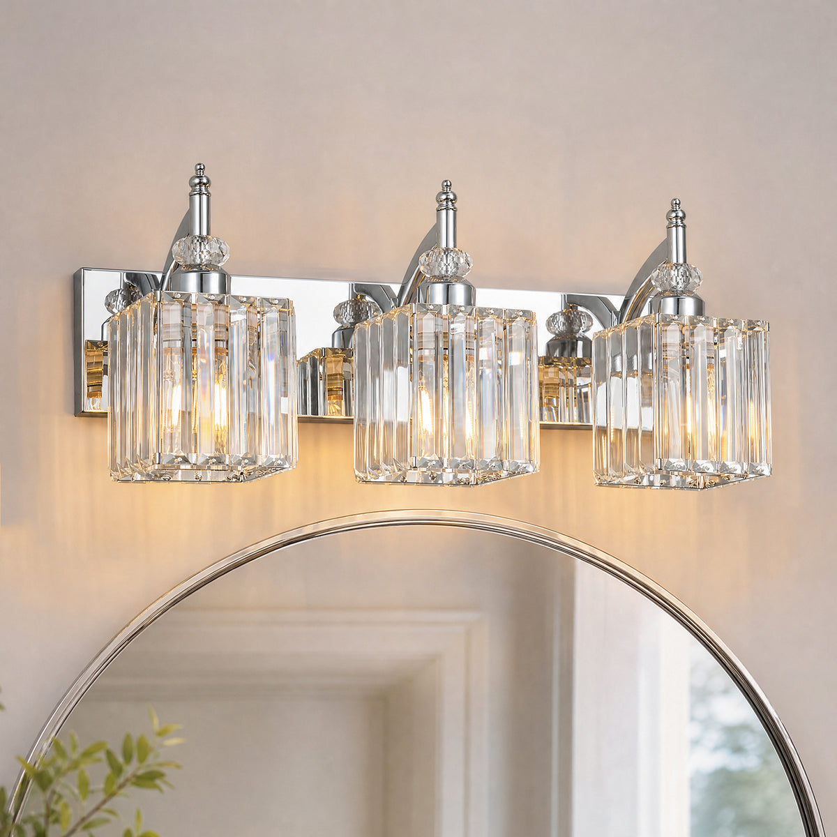 Transitional Luxury Square Prism Fluted Crystal Bathroom Vanity Light