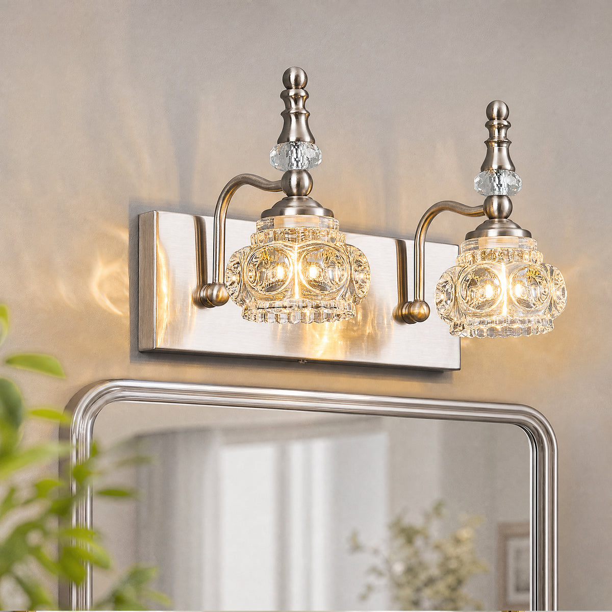 Vintage Embossed Textured Glass Curved Metal Arm Bathroom Vanity Light