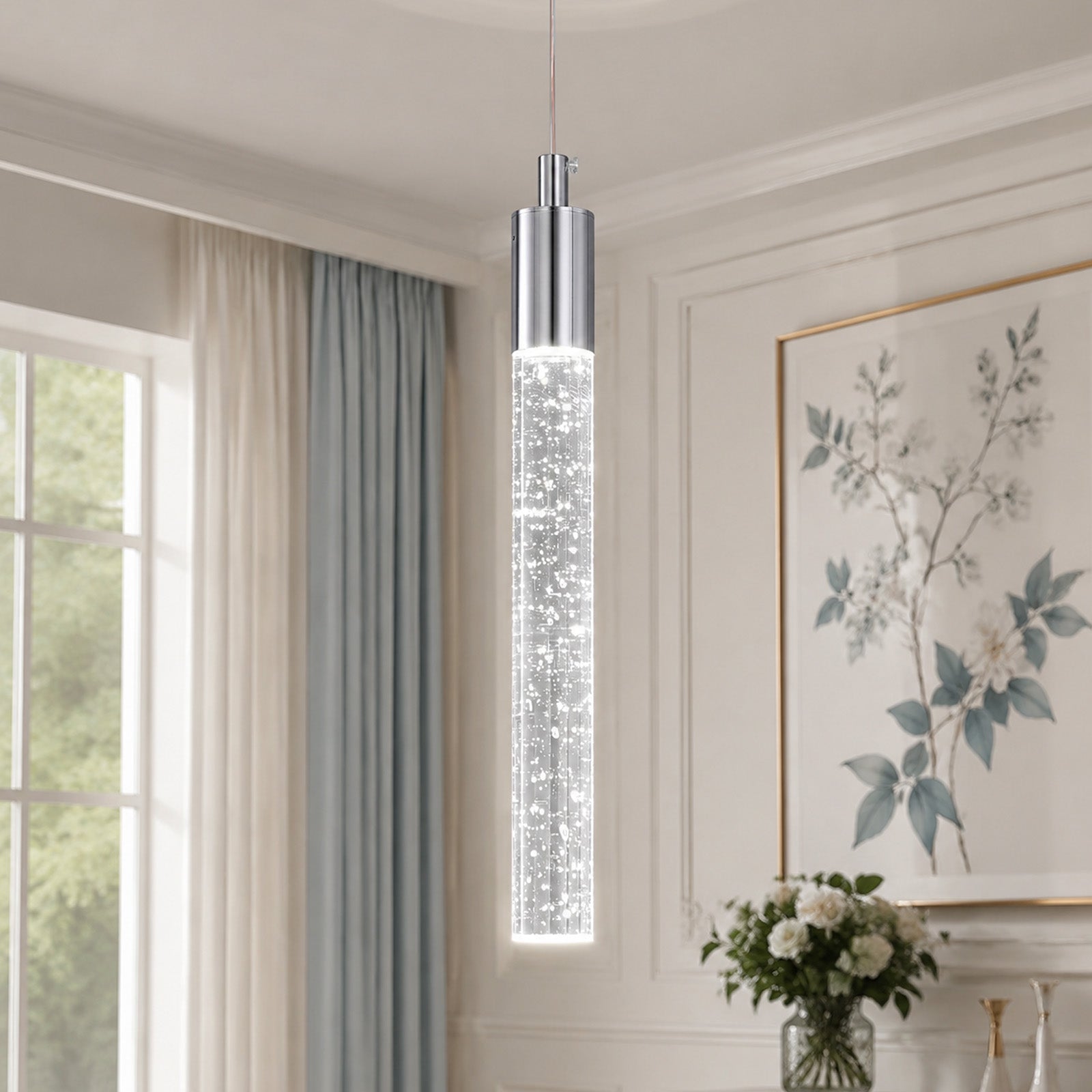 Modern Cylinder Bubble Linear Hanging Crystal LED Pendant Light