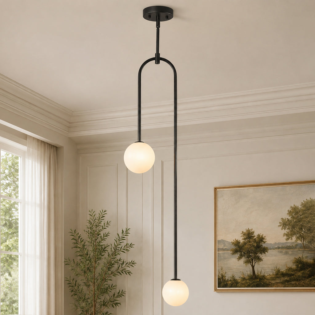 Minimalist U-Shaped Two Milky White Globe Glass Chandelier