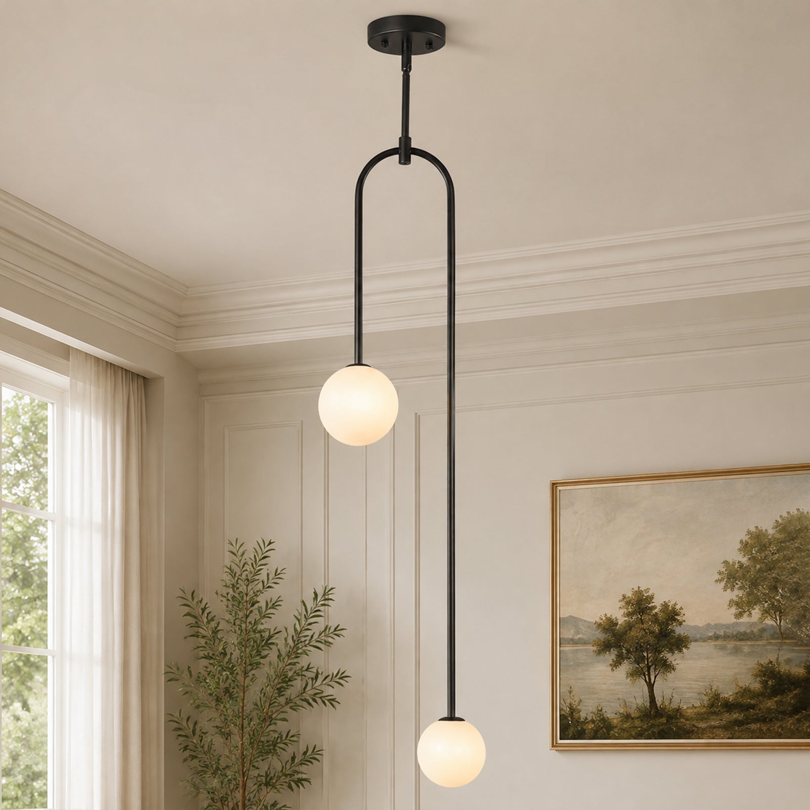 Minimalist U-Shaped Two Milky White Globe Glass Chandelier