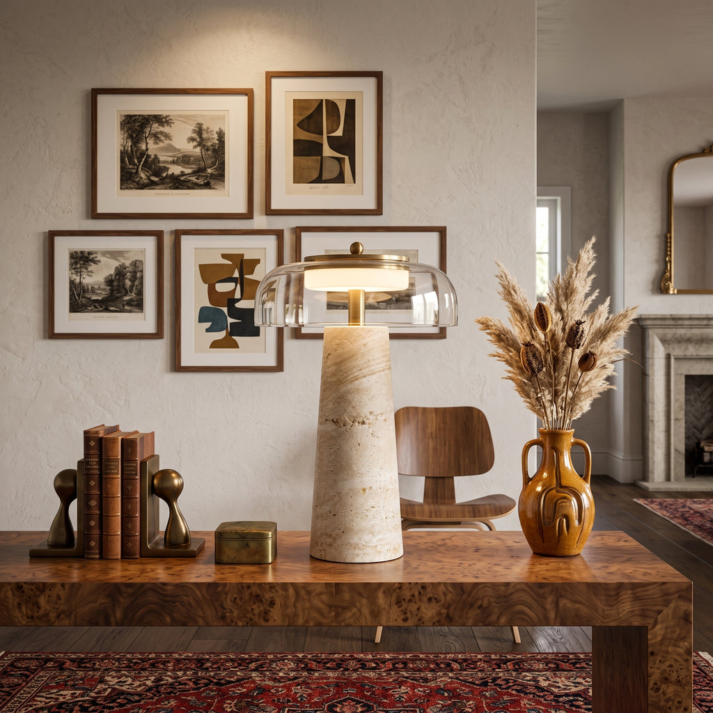 Wabi Sabi Conical Travertine & Glass LED Table Lamp