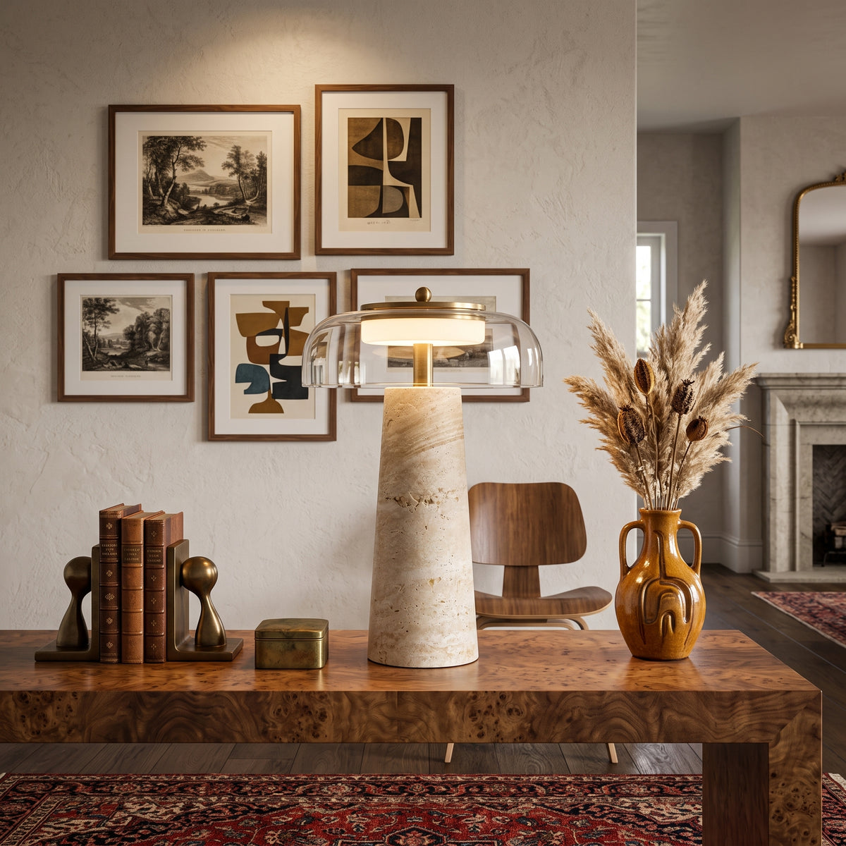 Wabi Sabi Conical Travertine & Glass LED Table Lamp