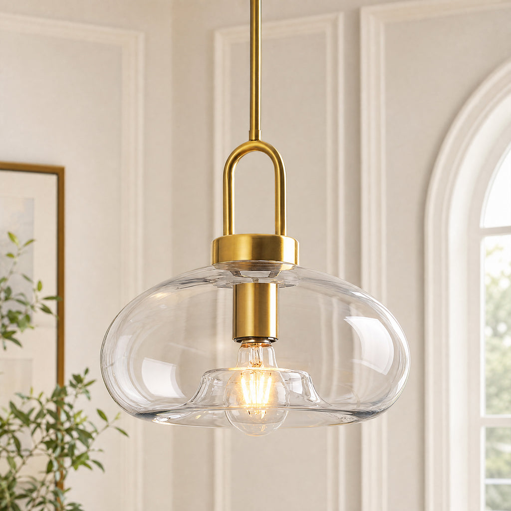Minimalist Oval Shaped Glass Pendant Light with U-shaped Brass Handle