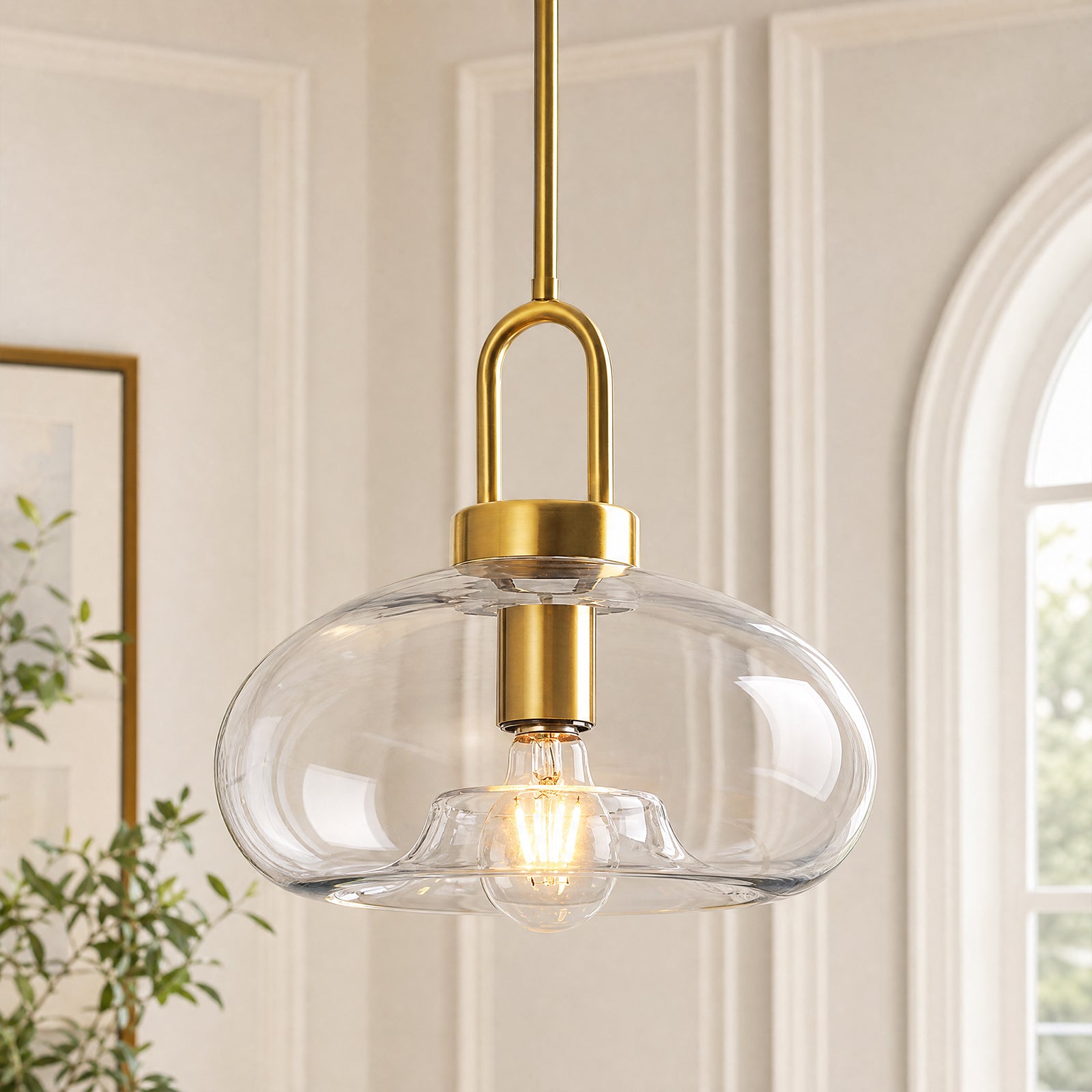 Minimalist Oval Shaped Glass Pendant Light with U-shaped Brass Handle