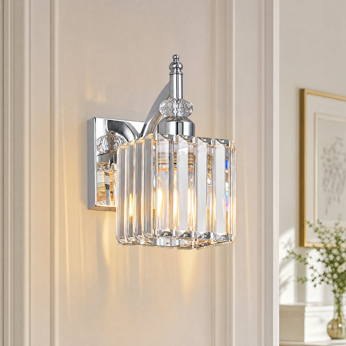 Transitional Luxury Square Prism Fluted Crystal Bathroom Vanity Light