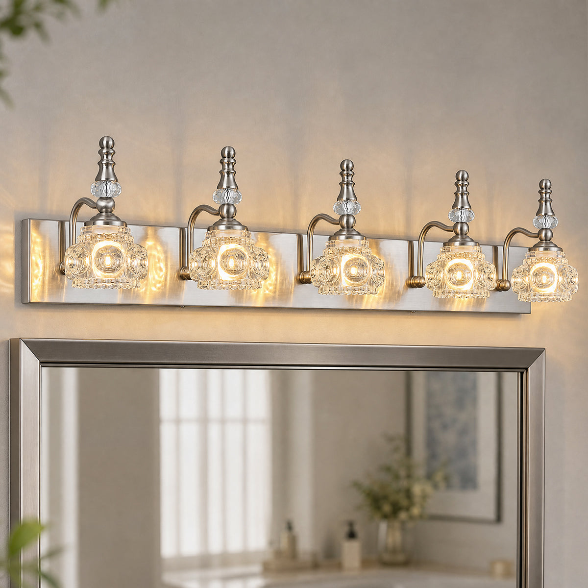 Vintage Embossed Textured Glass Curved Metal Arm Bathroom Vanity Light