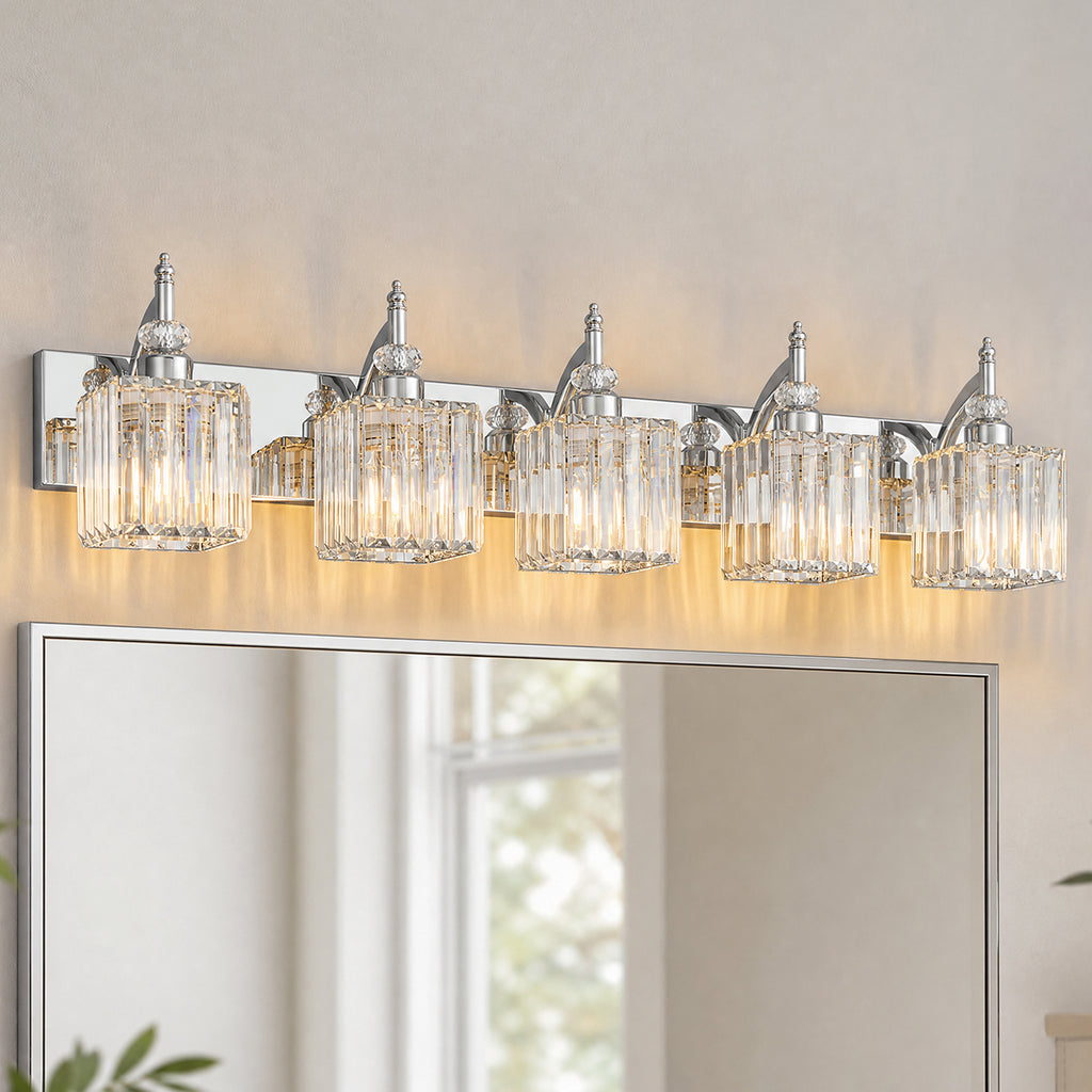 Transitional Luxury Square Prism Fluted Crystal Bathroom Vanity Light