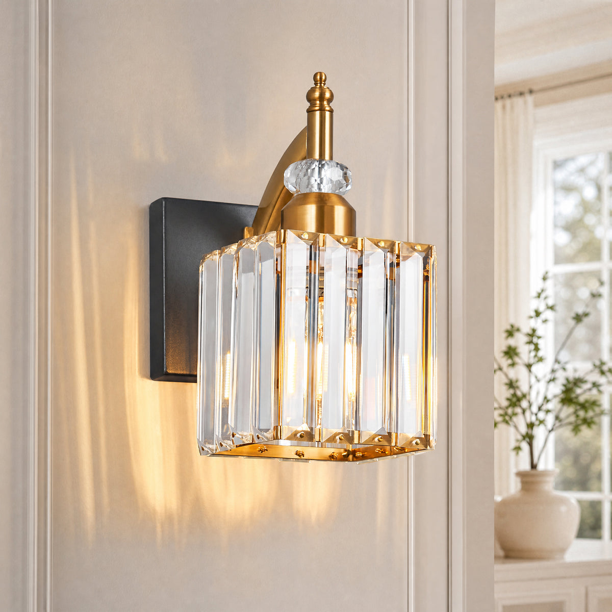 Transitional Luxury Square Prism Fluted Crystal Bathroom Vanity Light