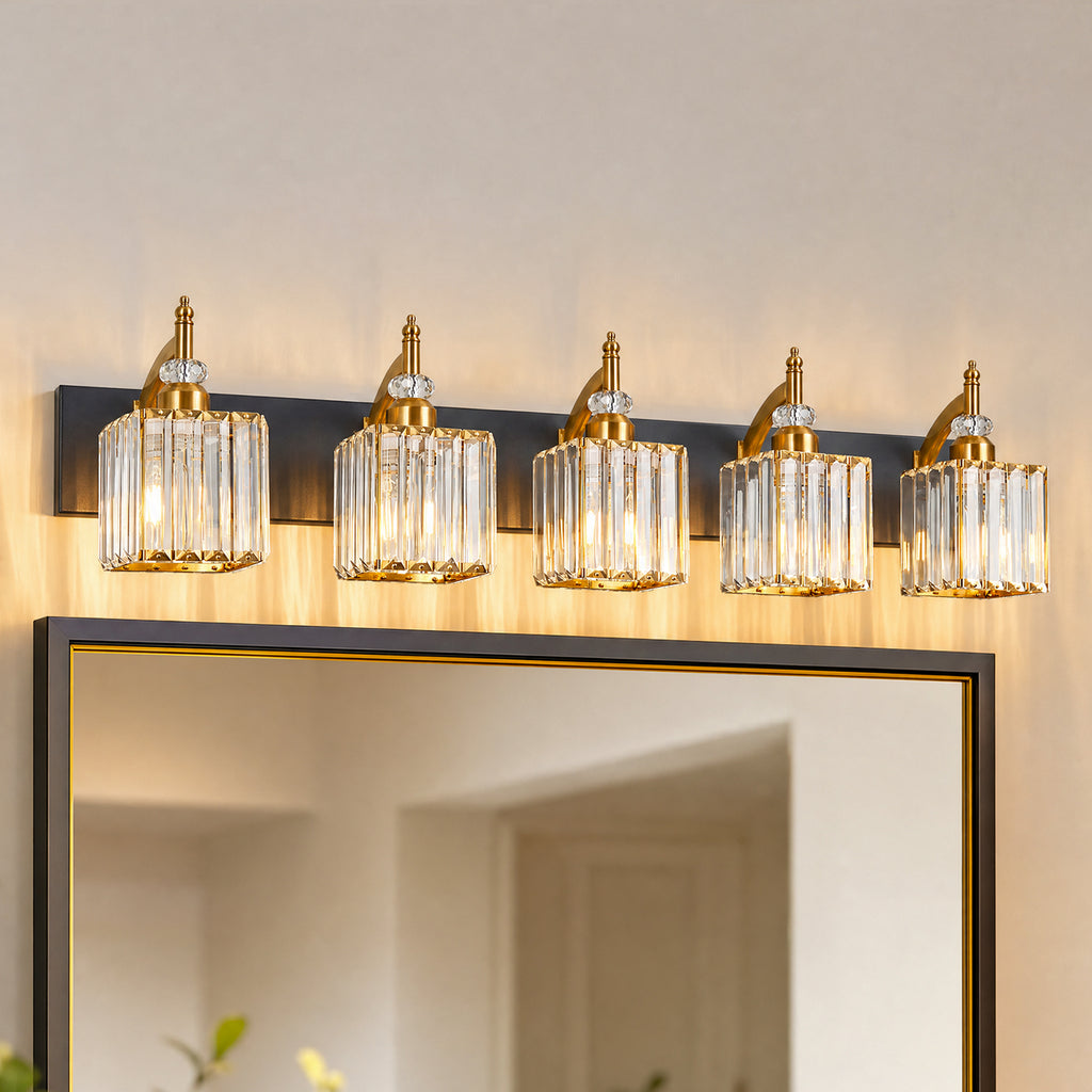 Transitional Luxury Square Prism Fluted Crystal Bathroom Vanity Light