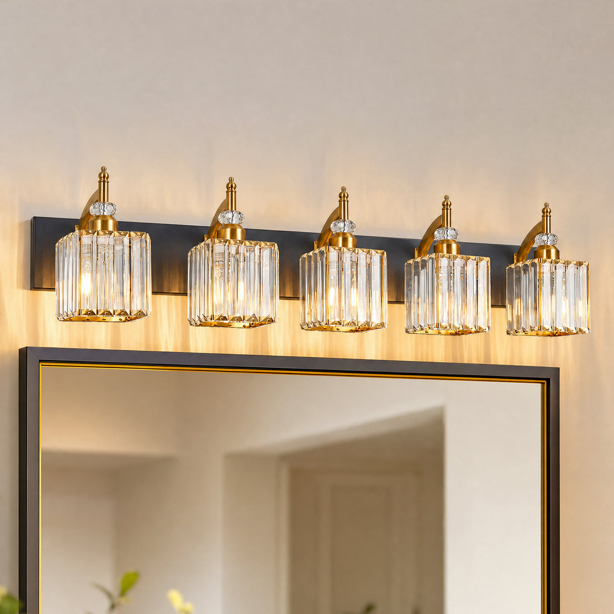 Transitional Luxury Square Prism Fluted Crystal Bathroom Vanity Light
