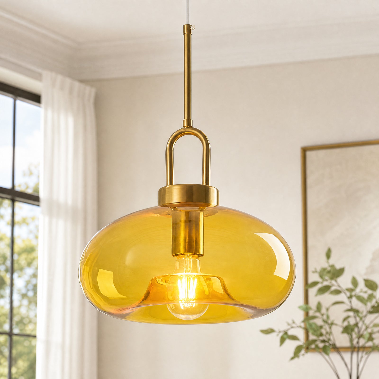 Minimalist Oval Shaped Glass Pendant Light with U-shaped Brass Handle