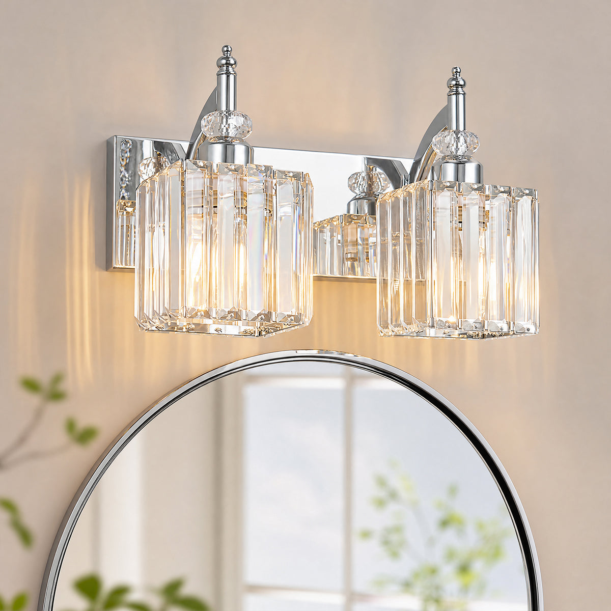 Transitional Luxury Square Prism Fluted Crystal Bathroom Vanity Light