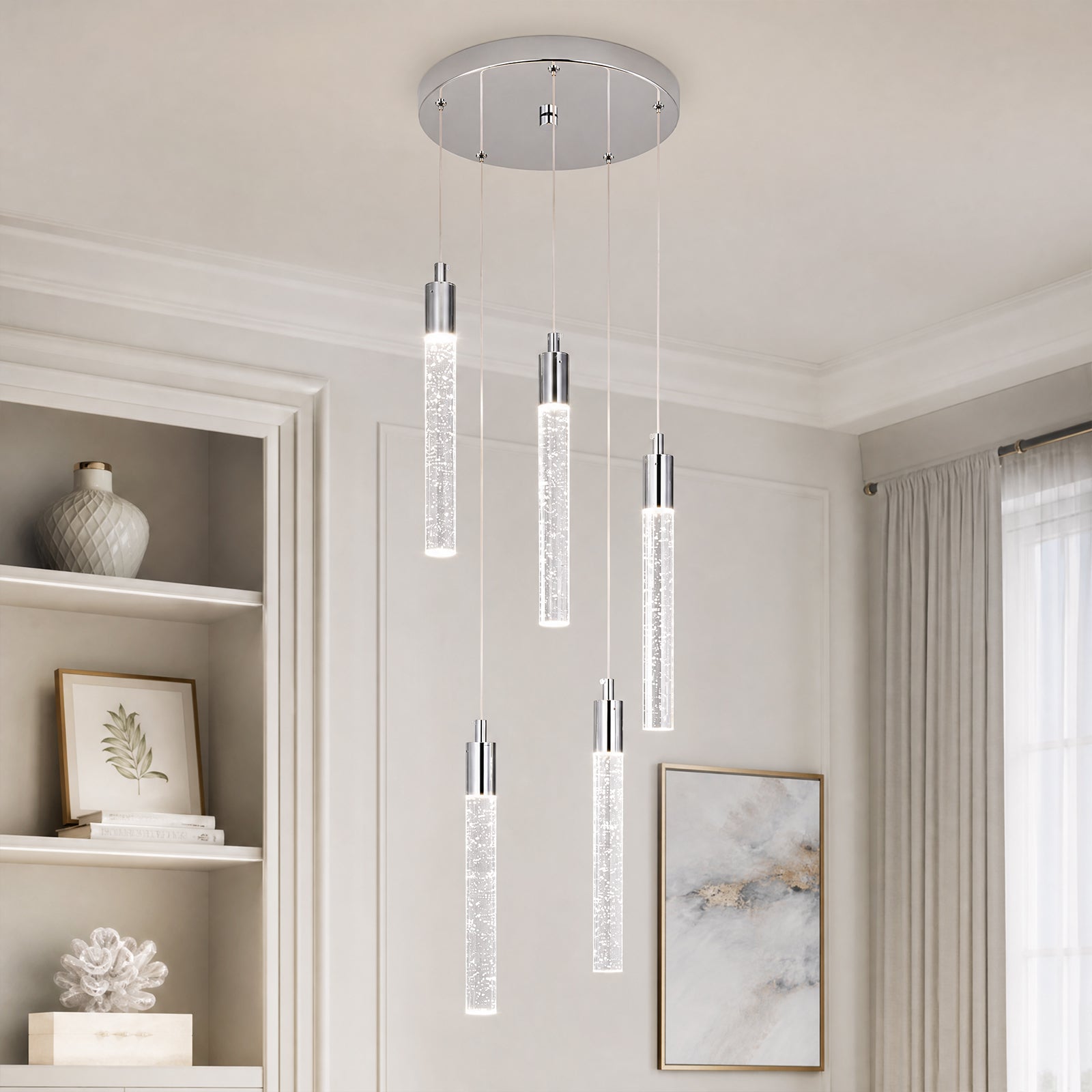 Modern Cylinder Bubble Linear Hanging Crystal LED Pendant Light