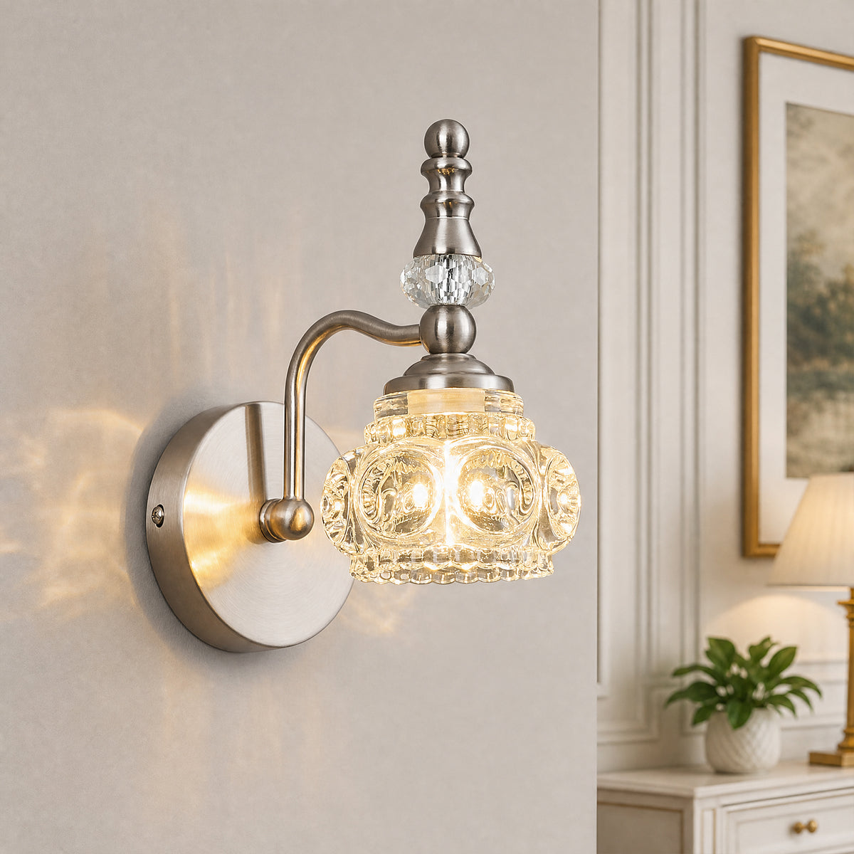 Vintage Embossed Textured Glass Curved Metal Arm Bathroom Vanity Light