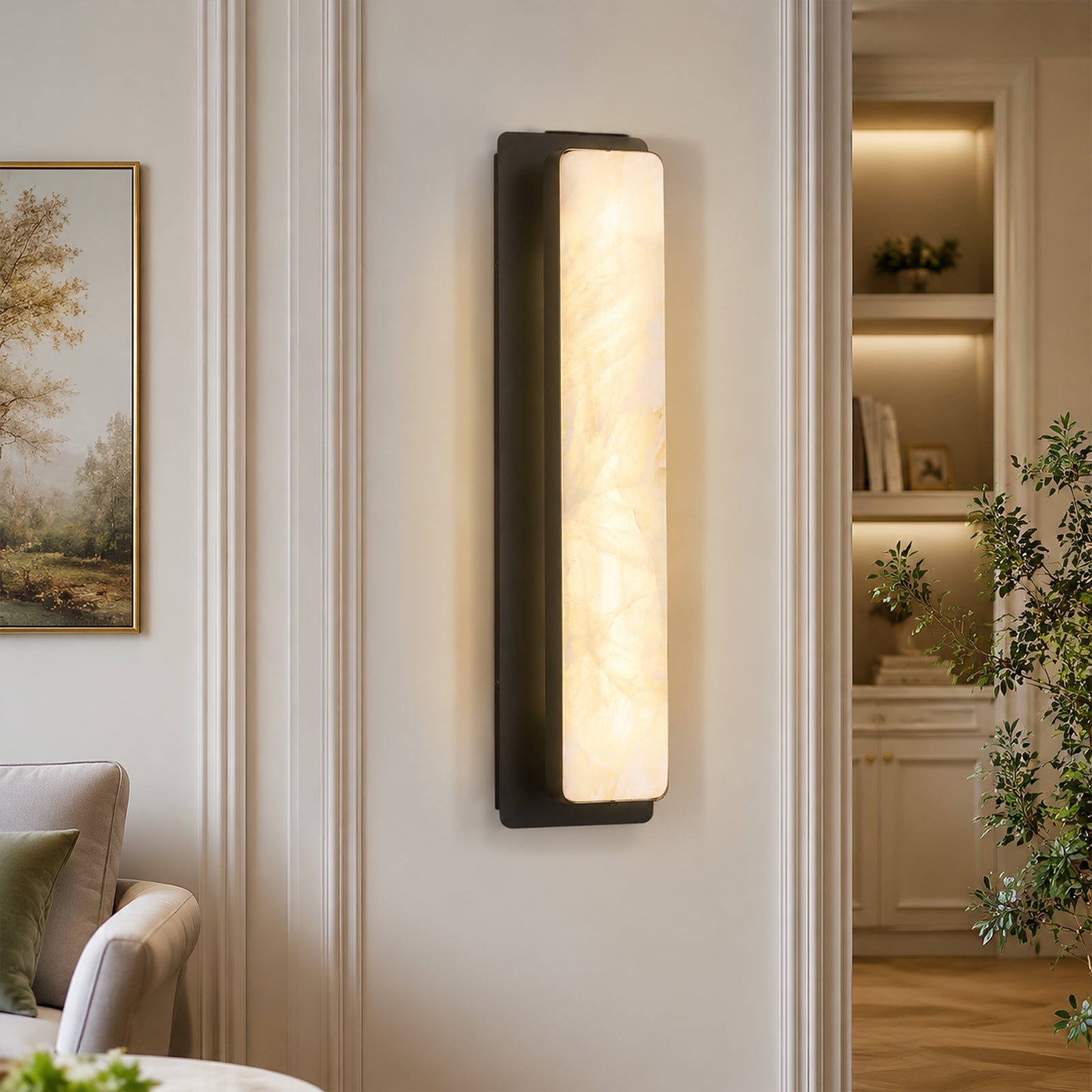 Modern Vertical Rectangular Natural Alabaster Stone LED Wall Sconce