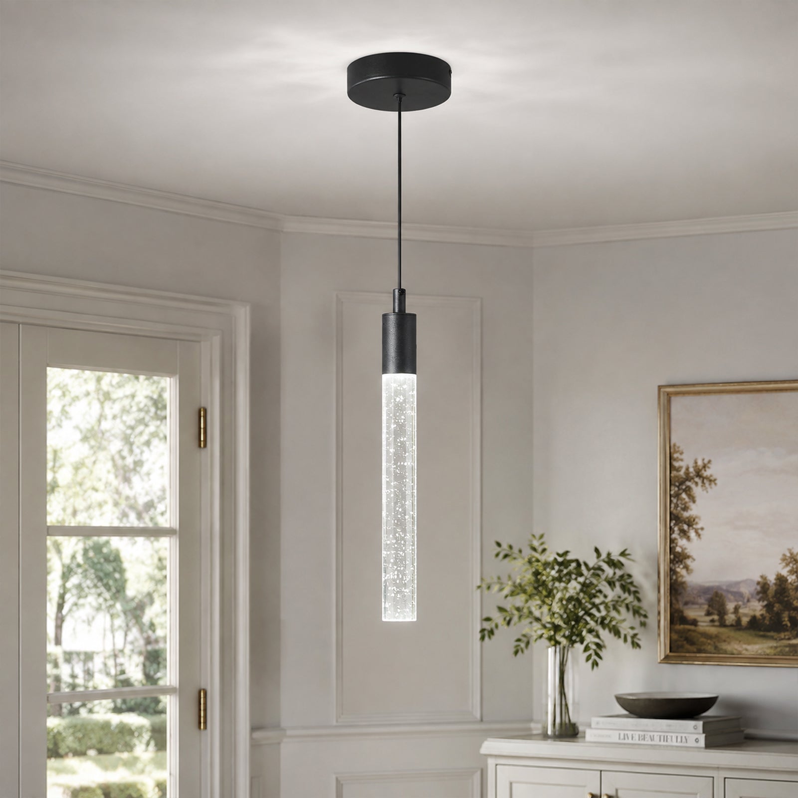 Modern Cylinder Bubble Linear Hanging Crystal LED Pendant Light