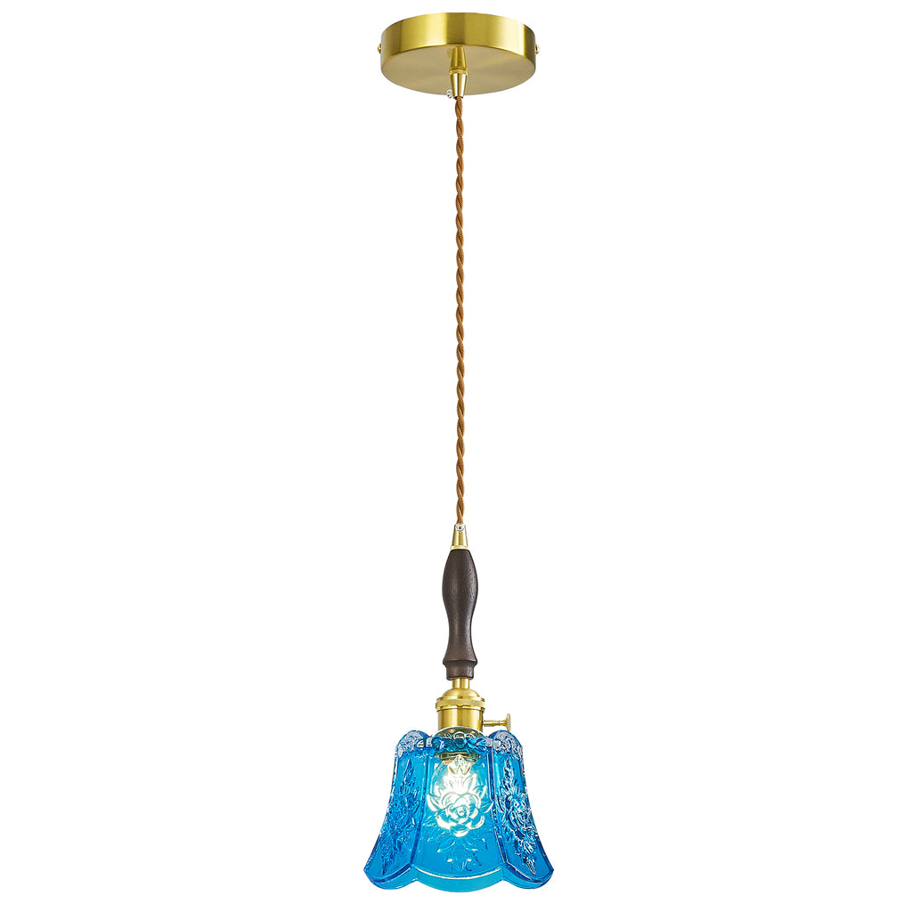French Country Embossed Rose Floral Glass Pendant Light
