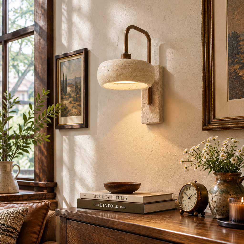Modern Round Travertine Metal LED Wall Sconce