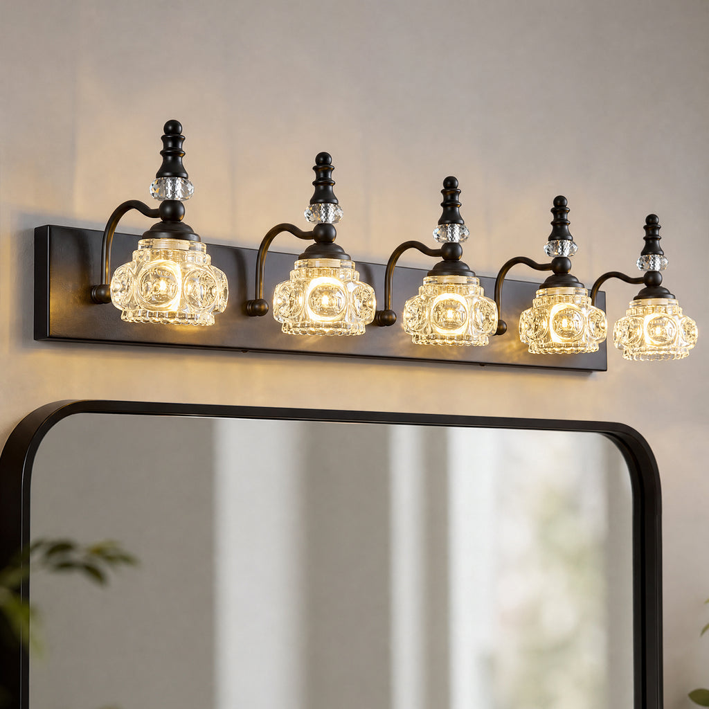 Vintage Embossed Textured Glass Curved Metal Arm Bathroom Vanity Light