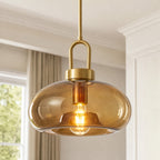 Minimalist Oval Shaped Glass Pendant Light with U-shaped Brass Handle