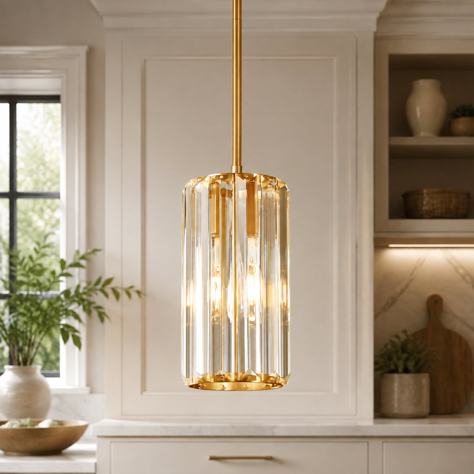 Minimalist Vertical Faceted Crystal Cylinder Pendant Light