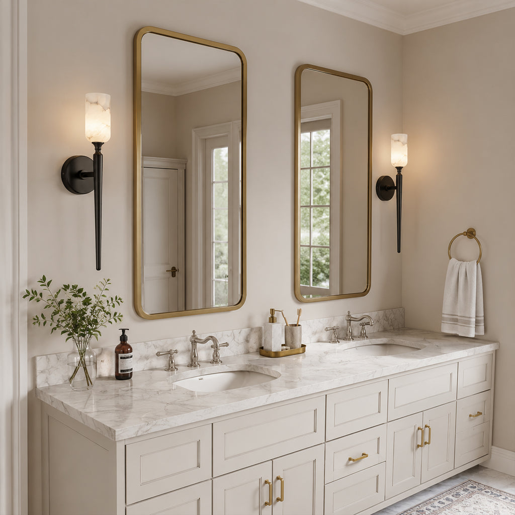Modern Transitional Candle-Shaped Natural Alabaster Stone Wall Sconce