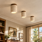Modern Ribbed Cylinder Travertine Wood Flush Mount Ceiling Light