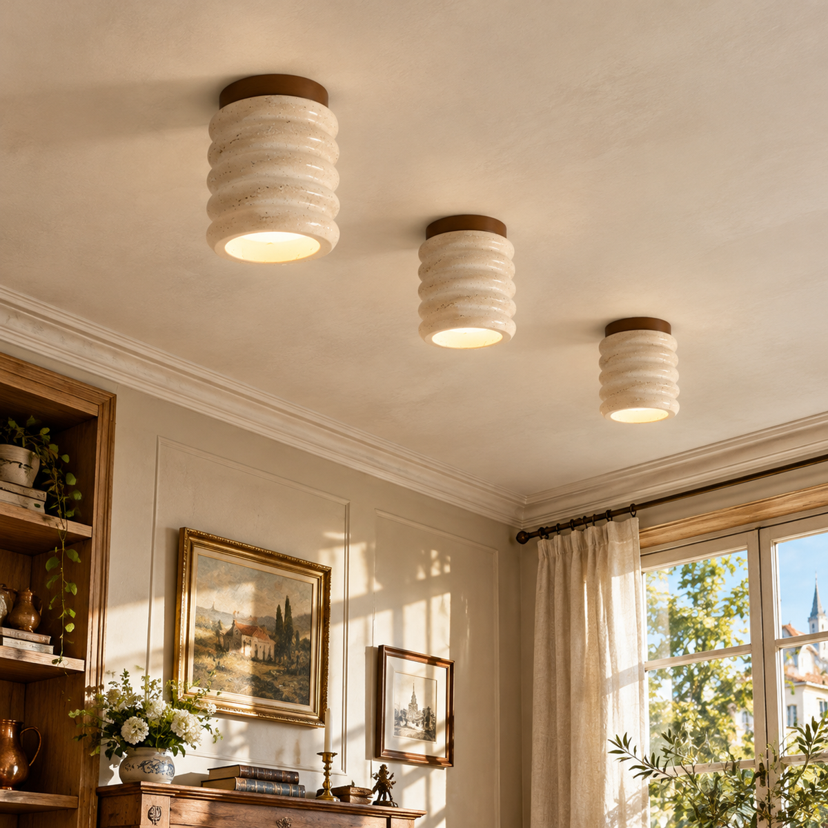 Modern Ribbed Cylinder Travertine Wood Flush Mount Ceiling Light
