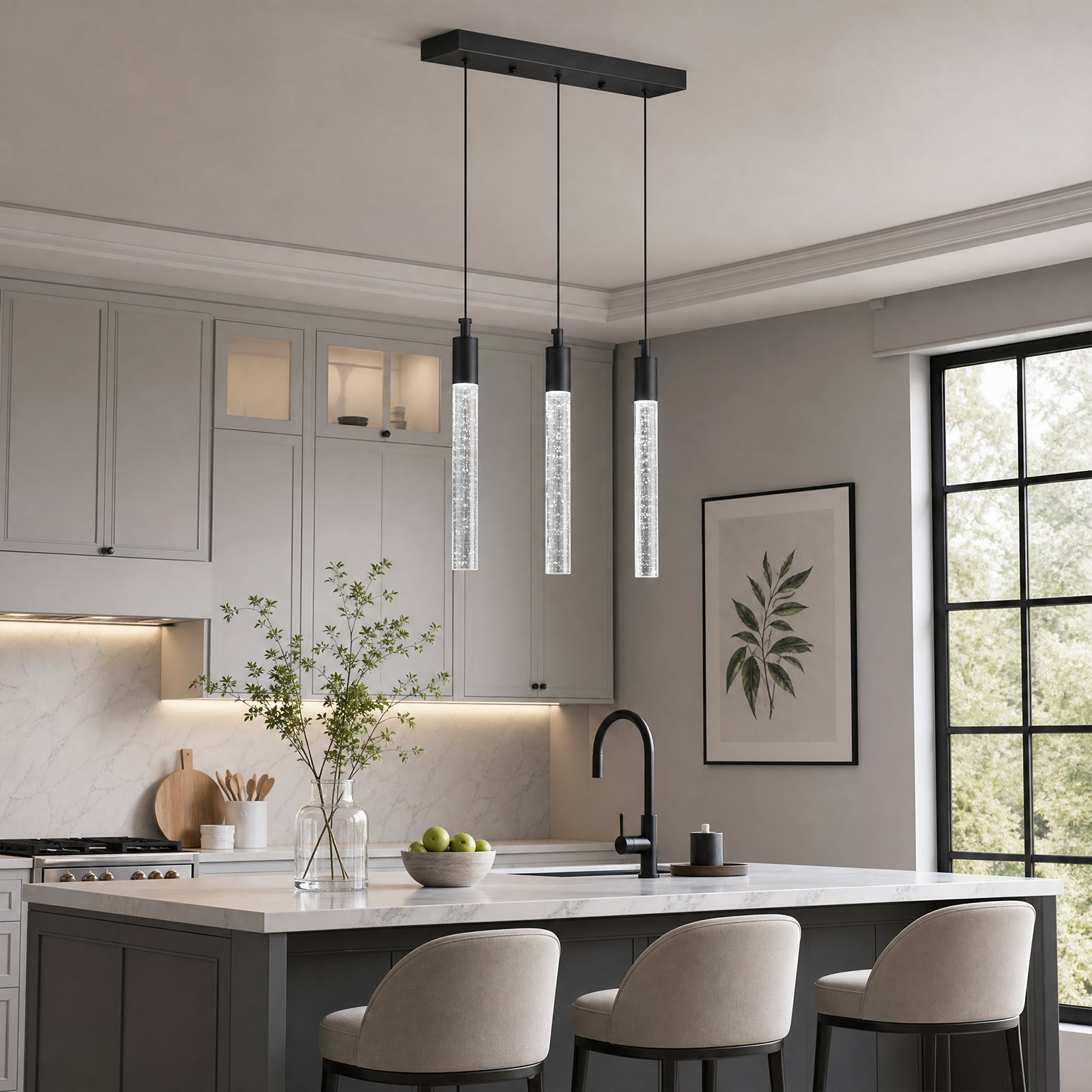 Modern Cylinder Bubble Linear Hanging Crystal LED Pendant Light
