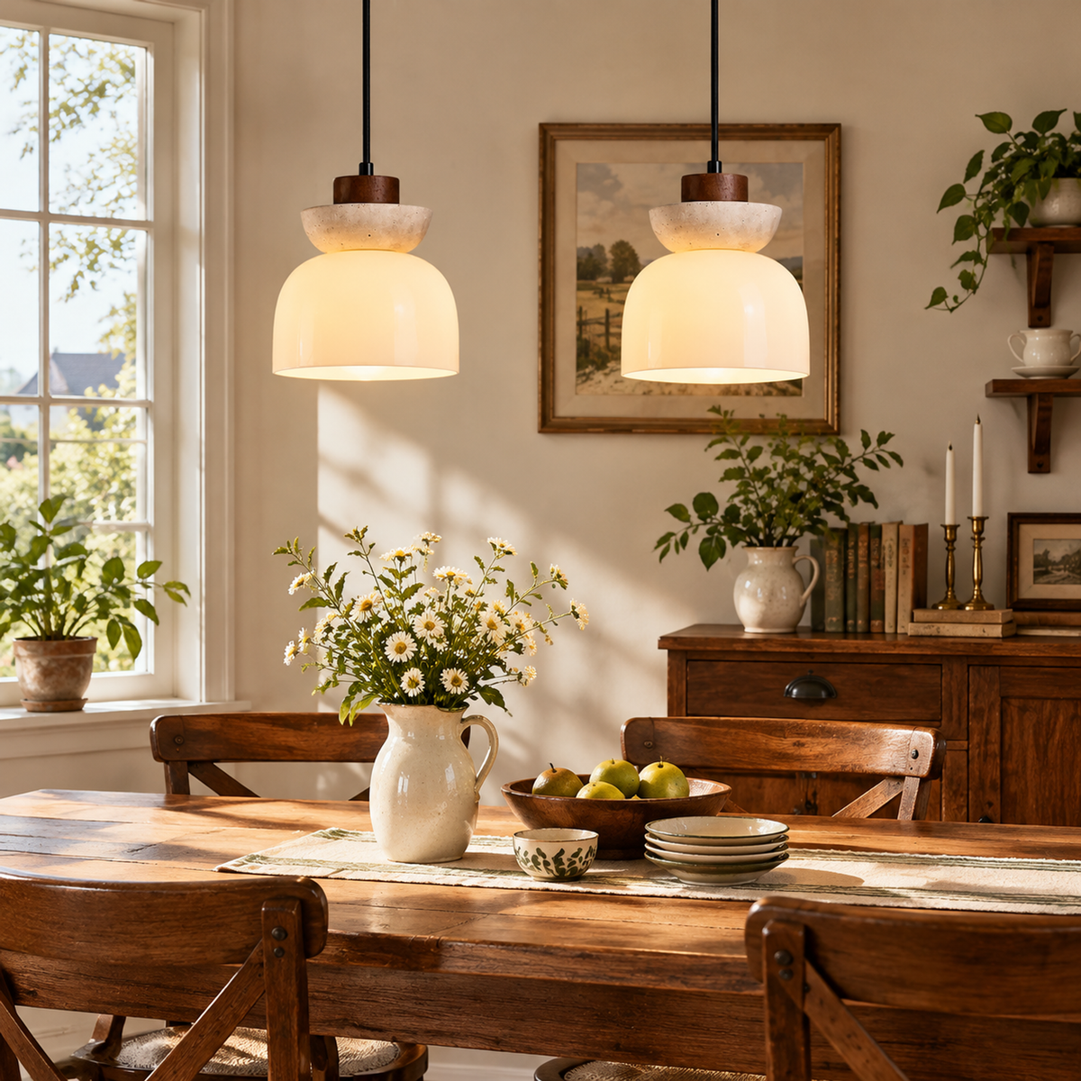 Modern Stacked Dome Travertine Glass Wood Pendant Light