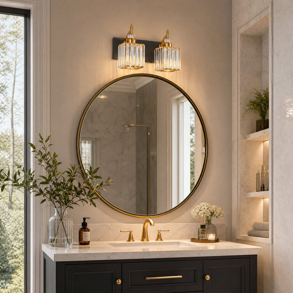 Transitional Luxury Square Prism Fluted Crystal Bathroom Vanity Light