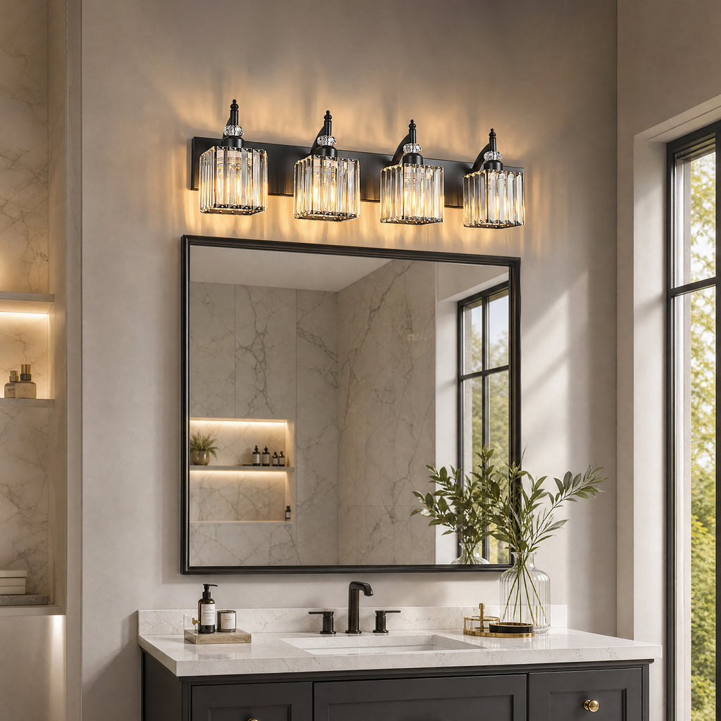 Transitional Luxury Square Prism Fluted Crystal Bathroom Vanity Light