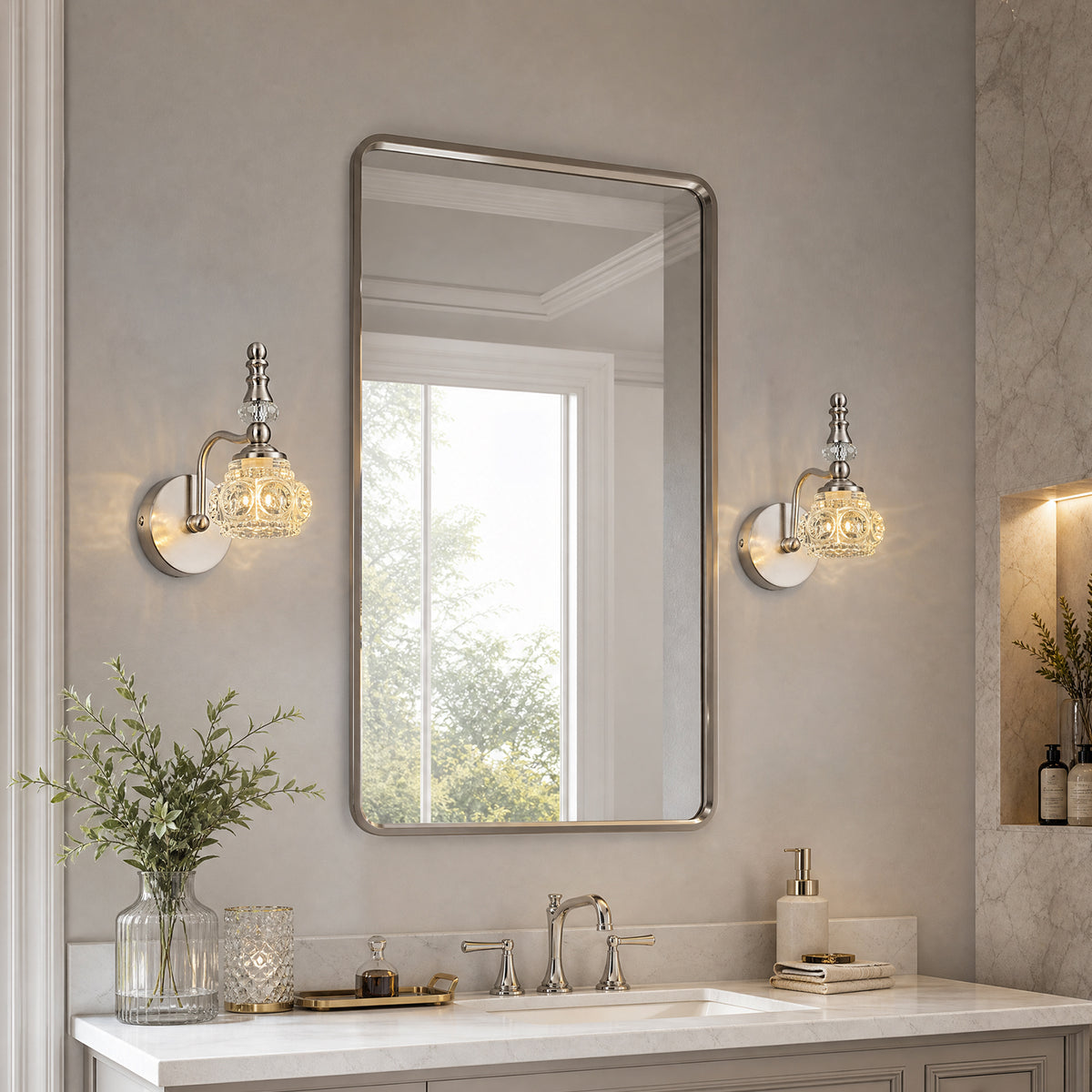 Vintage Embossed Textured Glass Curved Metal Arm Bathroom Vanity Light