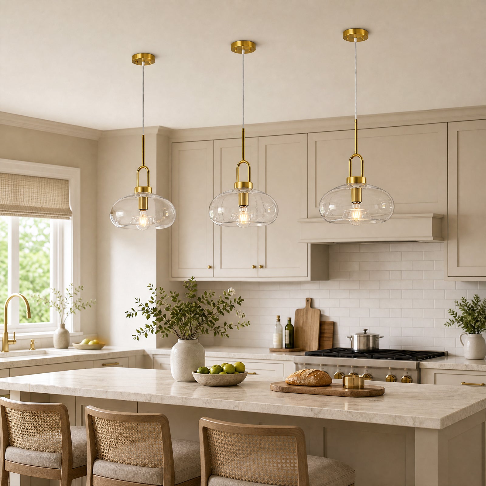 Minimalist Oval Shaped Glass Pendant Light with U-shaped Brass Handle