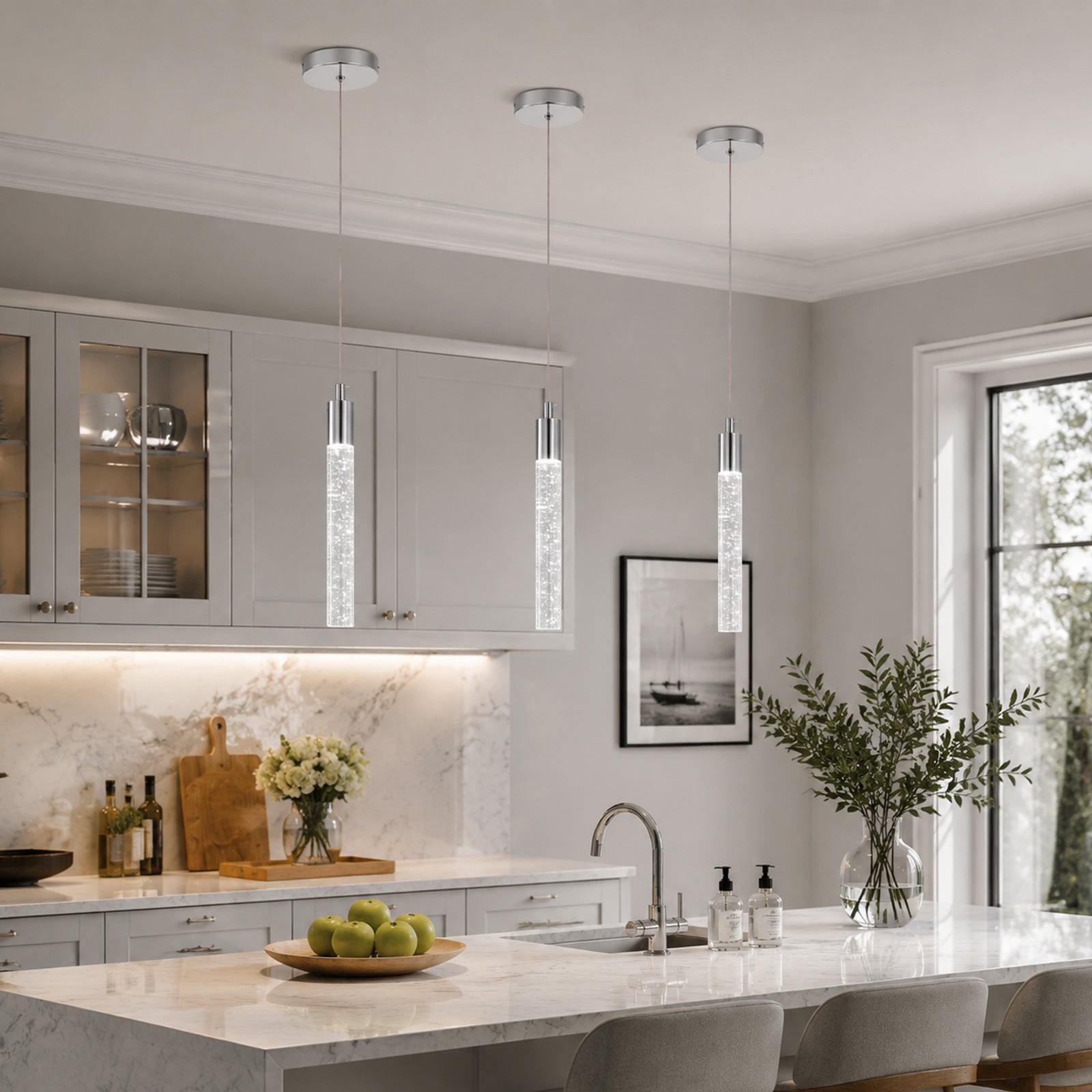 Modern Cylinder Bubble Linear Hanging Crystal LED Pendant Light