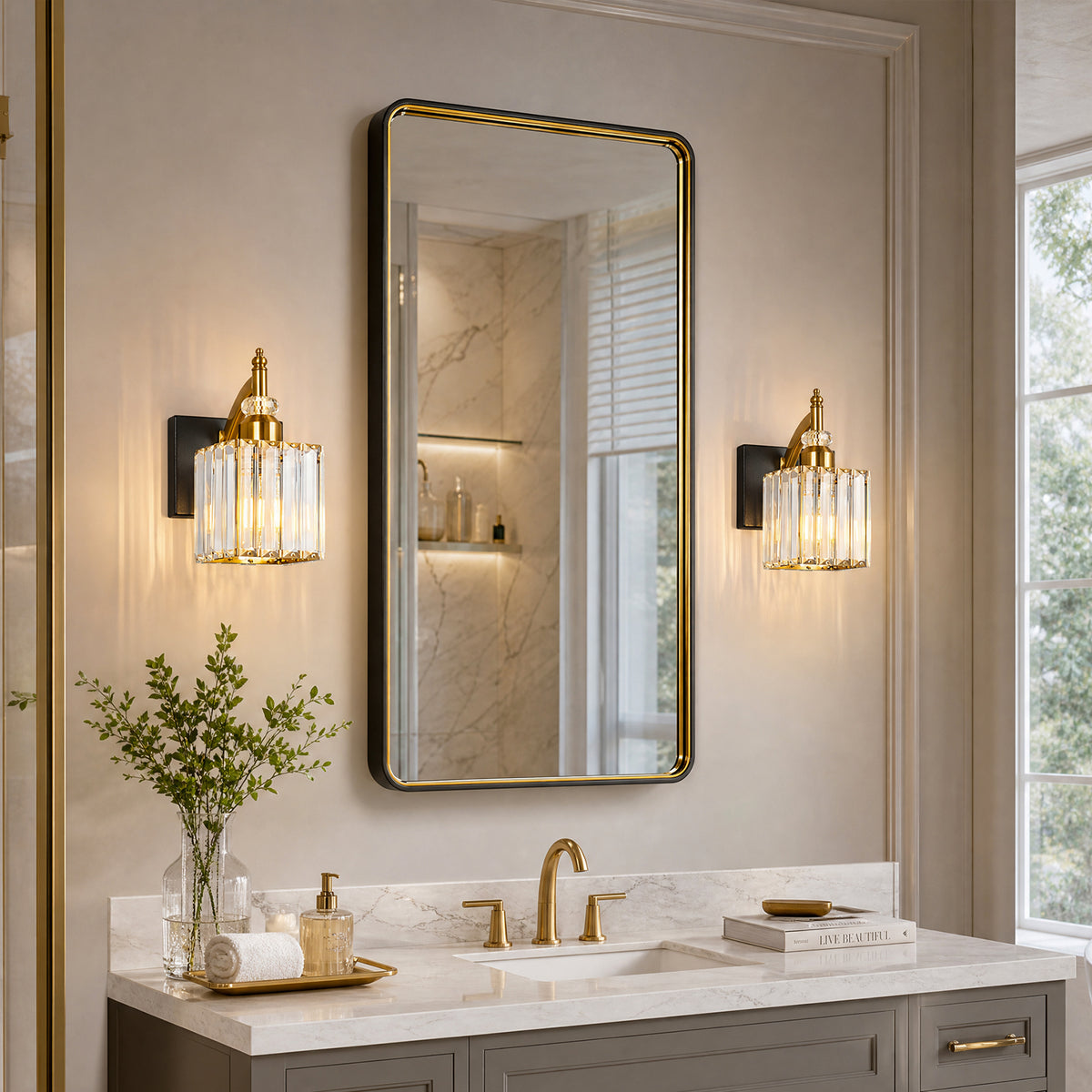 Transitional Luxury Square Prism Fluted Crystal Bathroom Vanity Light