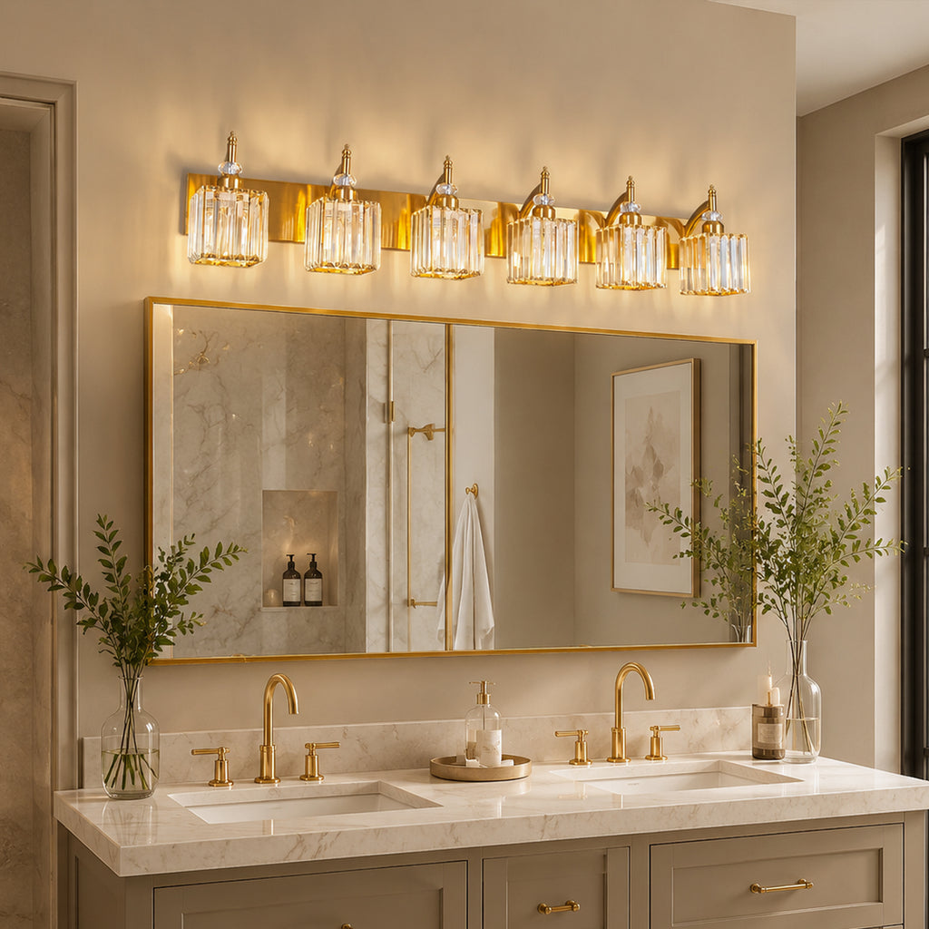 Transitional Luxury Square Prism Fluted Crystal Bathroom Vanity Light