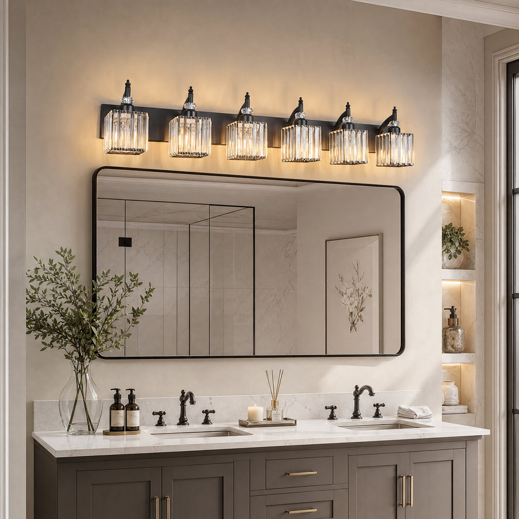 Transitional Luxury Square Prism Fluted Crystal Bathroom Vanity Light