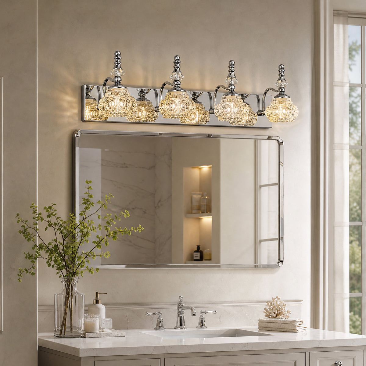 Vintage Embossed Textured Glass Curved Metal Arm Bathroom Vanity Light